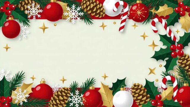 Christmas holiday border with pine branches and red baubles.