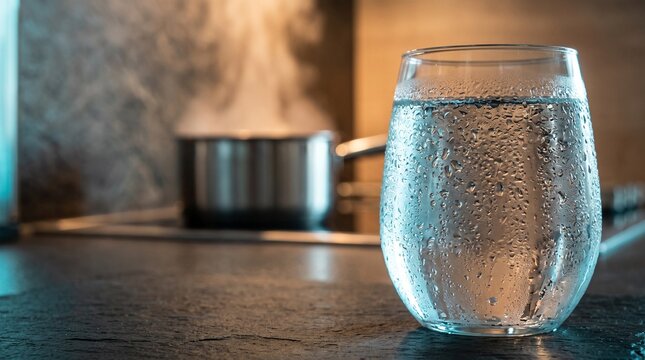 Condensation beads on a cold glass beside warm kitchen vapor