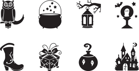 Naklejka premium Black and white cute halloween magic elements set spooky icons vector background pattern