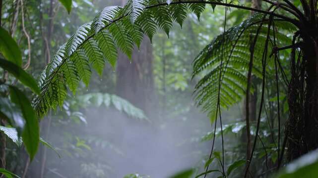 Lush green fern leaves framing the dense misty jungle with fog moving through the rainforest creating a mysterious and humid atmosphere in a tropical paradise