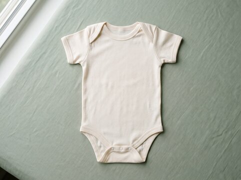 Plain cream colored baby bodysuit made of soft cotton fabric for newborn infant clothing fashion mockup on a textured surface Mockup