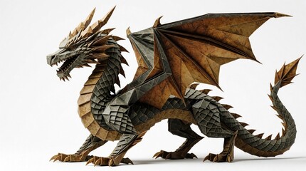 Fototapeta premium Polygonal origami dragon sculpture stands on white background. Folded paper creature has geometric shape and detailed wings. Modern art piece.
