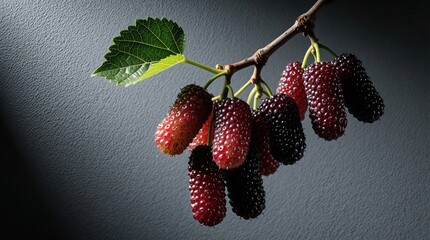 Obraz premium Red and black mulberries hang on a branch with a green leaf against a textured gray background. The fruit cluster looks fresh and ripe, ready for picking.