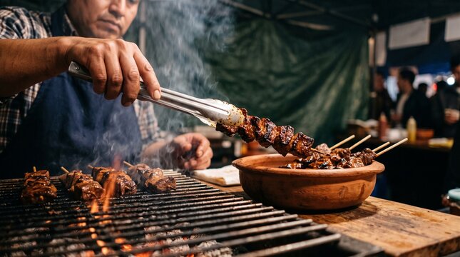 Cooked anticucho lifted from a smoky festival charcoal grill