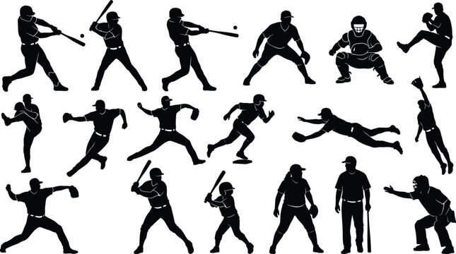 Collection of eighteen baseball player silhouettes in action poses featuring batter pitcher catcher and umpire for sports design flat color vector