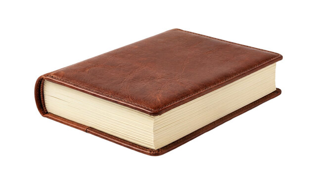 document, page, books Perspective high angle view of a thick vintage book bound in classic brown textured leather isolated on a white background.