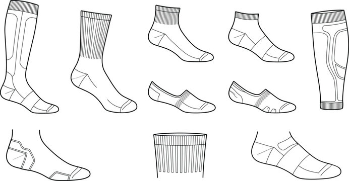 Diverse athletic and casual socks technical flat sketch vector template set featuring various lengths and invisible styles for apparel tech pack design