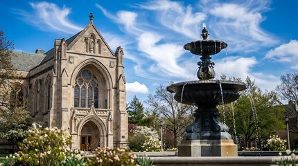 Obraz premium Historic stone church and ornate public fountain.