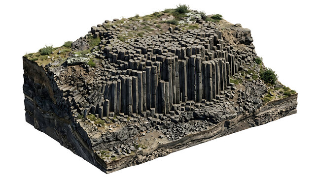 Basalt columns geological formation isolated on a white background