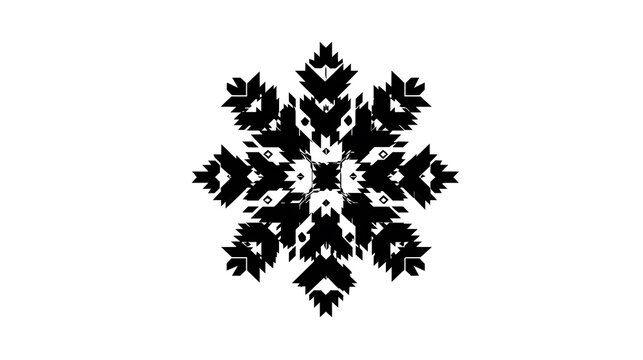 A striking black abstract snowflake design with a symmetrical hexagonal pattern on a white background. The intricate.
