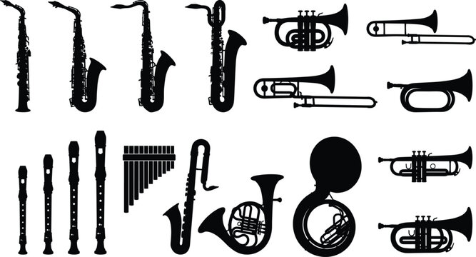 Wind and brass musical instrument silhouette collection featuring flat color vector designs of saxophone trumpet and trombone for audio music projects