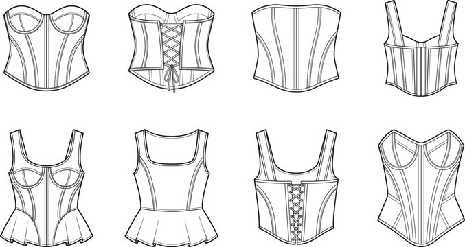 Women corset and bustier top technical flat sketch vector set featuring front and back flat color templates for apparel techpack