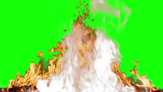 Realistic fire flames and smoke rising against green screen background with video realistic chroma key conflagration pyrotechnics combustion transition explosion with fireworks