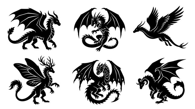 Detailed dragon silhouette icons for graphic use.