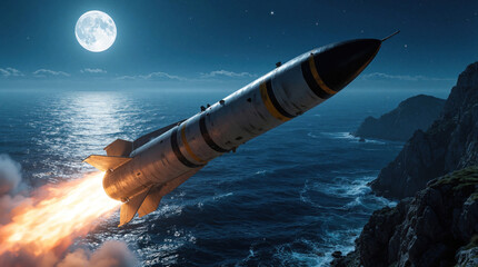 Obraz premium Missile launches over dark ocean waves under full moon and starry sky. Rocky coastlines visible as fiery exhaust propels projectile forward.