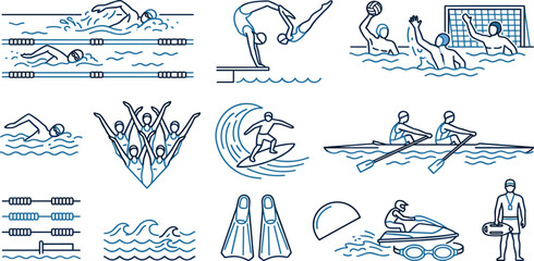 Fototapeta premium Water Sports and Aquatic Activities Icon Set Featuring Swimming Diving Surfing Rowing Lifeguard and Recreation Symbols