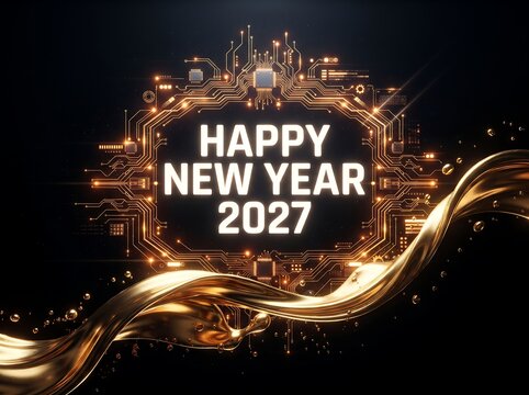 Futuristic digital circuit border happy new year 2027 luxury dark background design illustration poster