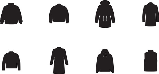 Set of black autumn and winter jackets technical for fashion apparel design and manufacturing illustration. Black icon silhouette vector © mst