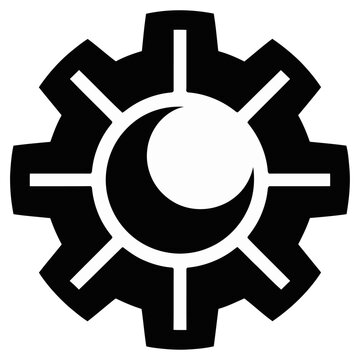Minimalist gear cog vector icon with a crescent moon shape representing night shift technology