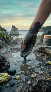 Hand covered with dark mineral therapeutic mud pack, scooping natural thermal clay from steaming geothermal spring near rocky volcanic coast, demonstrating organic skincare body therapy.