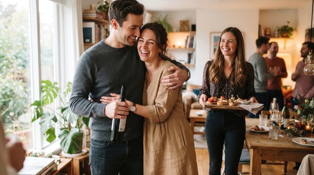 Happy young couple embracing while friends gather for a festive dinner party in a cozy home interior