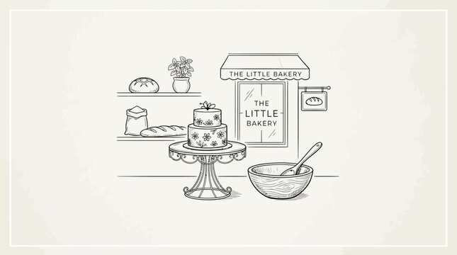 Bakery counter line illustration with pastries.