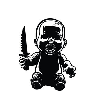 Scary Evil Doll Holding Knife Vector Horror Illustration in Black Color with White Background.