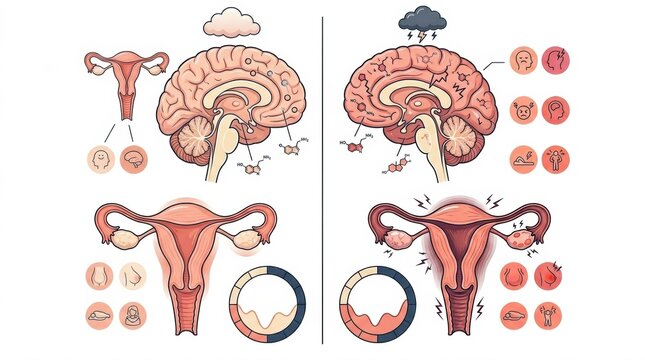 Depiction of PMS symptoms with a focus on gynecological and brain elements illustrating how hormones affect feelings and physical responses.