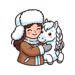 Fototapeta premium Cute Russian Woman in Ushanka Hat Hugging White Horse