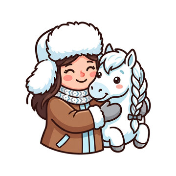Cute Russian Woman in Ushanka Hat Hugging White Horse