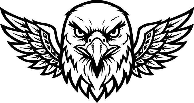 Fierce eagle head with wings mascot vector illustration, black and white outline wild bird logo and emblem design