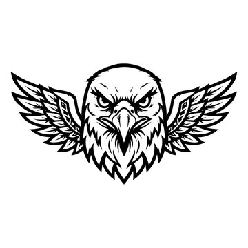 Fierce eagle head with wings mascot vector illustration, black and white outline wild bird logo and emblem design