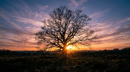 Fototapeta premium Bare tree silhouette at sunset with vibrant sky and sun rays