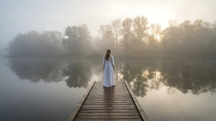 Fototapeta premium Person on wooden pier in misty lake