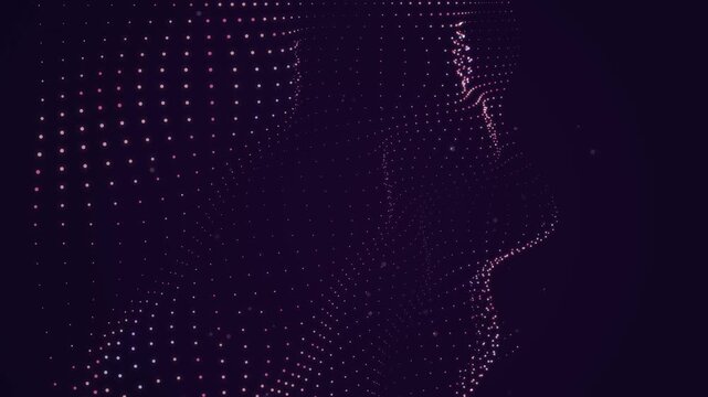 A futuristic digital artwork showcasing a human face profile intertwined with numerous glowing dots, lines, and abstract patterns representing high-tech innovation, virtual reality, and digital