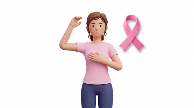 Mulher em 3D faz autoexame de mama com fita rosa ao lado