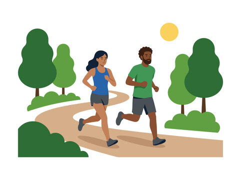 Female trail runner leaping over rock on mountain path during outdoor cross country running vector flat illustration isolated on white background