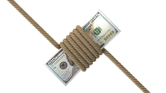 Financial pressure on us dollar banknote tied with rope