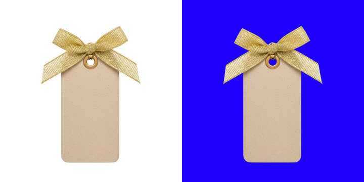 Blank cardboard price tag decorated with a shiny gold glitter ribbon bow transparent png
