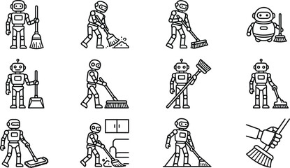 Fototapeta premium Vector Icon Set of Robots Performing Various Cleaning Tasks with Brooms and Brushes.
