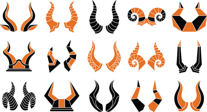 Set of various animal horns and fantasy creature antlers isolated on a white background for graphic design