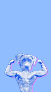 Seamless young vertical video of cartoon style dog head bodybuilder with duotono colors and halftone effect. Stop motion photo montage art collage isolated with copyspace.