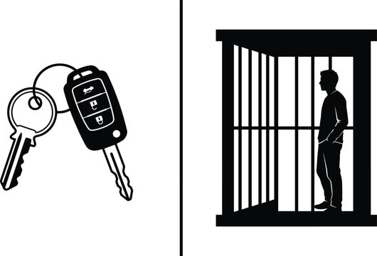 Car keys and man behind jail bars vector illustration depicting drunk driving consequences and legal arrest concept