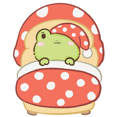 Fototapeta premium Cute Kawaii Chibi Frog Sleeping in a Cozy Mushroom Bed Wearing a Mushroom Nightcap Cottagecore Clipart Illustration
