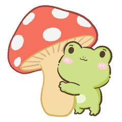 Fototapeta premium Cute Kawaii Chibi Frog Hugging a Giant Fly Agaric Mushroom Cozy Woodland Cottagecore Clipart Illustration