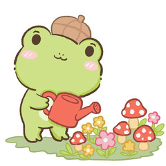 Fototapeta premium Cute Kawaii Chibi Frog Wearing an Acorn Hat Watering a Mushroom Flower Garden Woodland Cottagecore Clipart Illustration