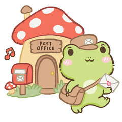 Fototapeta premium Cute Kawaii Chibi Frog Mail Carrier Delivering a Love Letter Outside a Cozy Mushroom Post Office Cottagecore Clipart Illustration