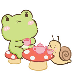 Cute Kawaii Chibi Frog Sharing Afternoon Tea with a Friendly Snail at a Mushroom Table Cottagecore Clipart Illustration © blumensdiary