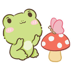 Fototapeta premium Cute Kawaii Chibi Frog Watching a Pink Butterfly Rest on a Red Mushroom Woodland Cottagecore Clipart Illustration