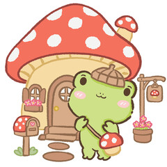 Fototapeta premium Cute Kawaii Chibi Frog Wearing an Acorn Hat Carrying a Mushroom Basket in Front of a Cozy Mushroom Cottage Cottagecore Clipart Illustration